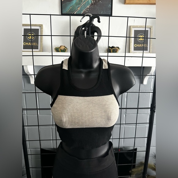 Black and Oatmeal Striped Two-Piece Halter Crop Top Midi Maxi Skirt Set - Picture 6 of 9